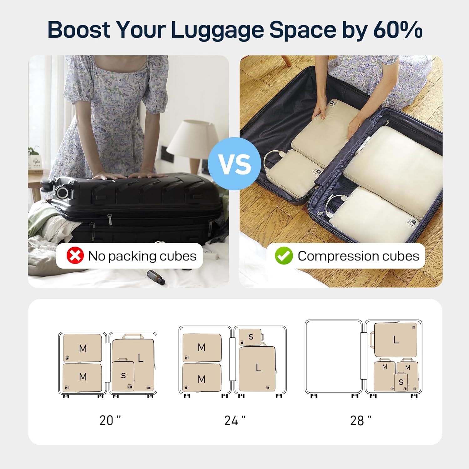 EPICKA 4 Set Lightweight Compression Packing Cubes - Water Resistant Durable Travel Organizers Bags, Expandable Travel Accessories for Carry on, Luggage, Suitcase Backpack (Beige) - Image 6